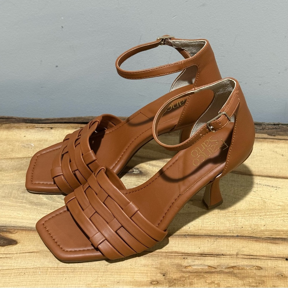 *New* Franco Sarto Ress Cognac Woven Sandal Heels Size 9 B79 View 4